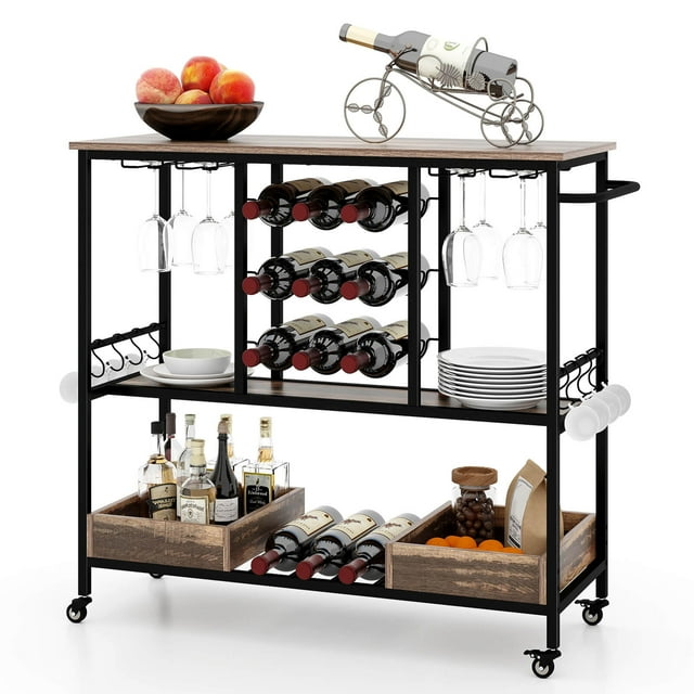 Costway Chariot de Bar à 3 Niveaux Chariot de Service pour la Maison sur Roulettes avec Supports en Verre Porte-Verres Brun Vintage