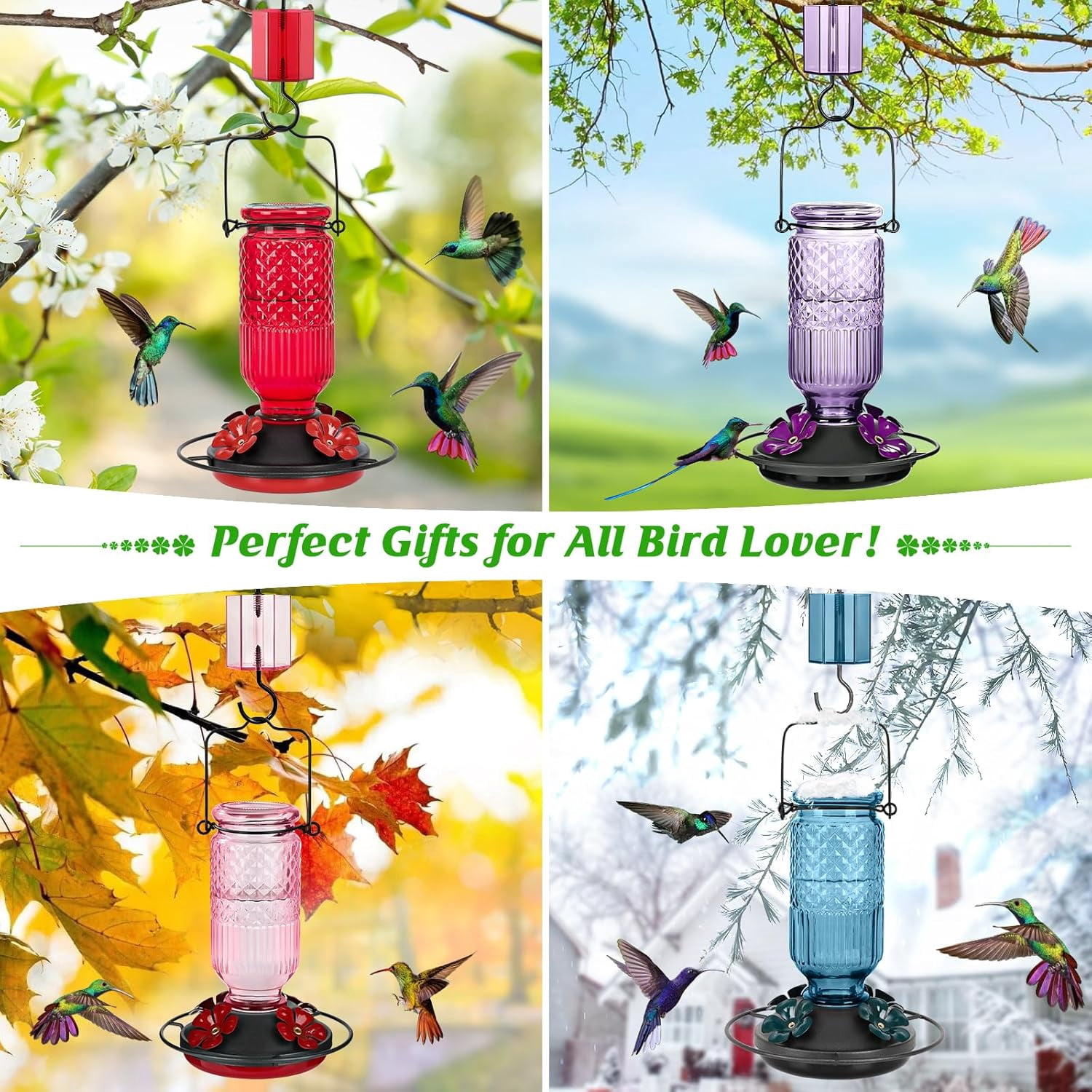 Glass Hummingbird Feeder 16 oz Hanging Outdoor Feeder with Bee-Proof Ports, Ant Moat, Leakproof, Easy to Clean & Refill, 360° Perch, Purple