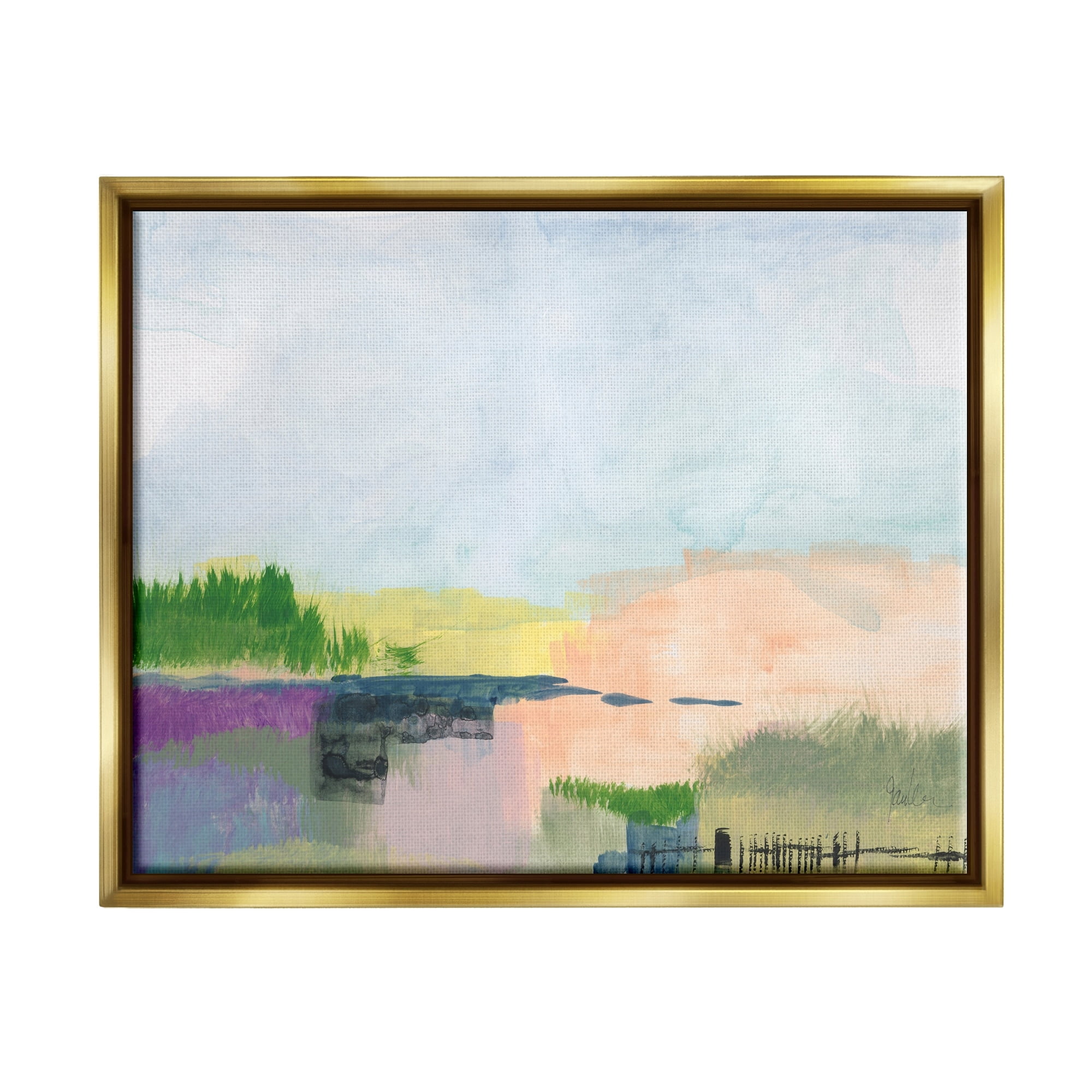 Stupell Industries Rural Pastel Landscape Comforting Farmland Hills Scenery Painting Metallic Gold Floating Framed Canvas Print Wall Art, Design by Jan Weiss