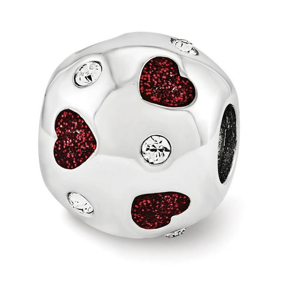 Sterling Silver Red Glitter Enamel w Swarovski Crystals Hearts Charm