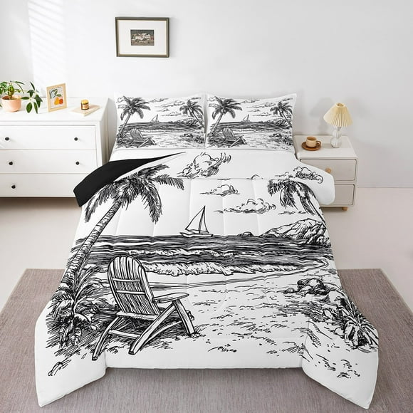 Erosebridal Palm Tree Comforter Sets Toddler Size,Black White Comforters & Duvets,Ocean Beach Decor,Reversible,Breathable,2pcs