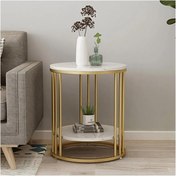 2-Tier White Marble Side Table Round Coffee Table Nightstand Jewellery Storage,White, zq-2098