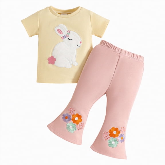 Xyant Toddler Girl Easter Outfit Baby Girl Bunny Short Sleeve T Shirt Top Flared Pants Set Infant 2 Piece Spring Summer Clothes (Pink,18-24 Months)