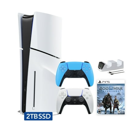 PlayStation 5 Slim Disc 2TB SSD Edition God of War Ragnarok Bundle with Two Controllers White and Starlight Blue DualSense and Mytrix Dual Controller Charger - PS5 Gaming Console