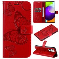 Dteck for Samsung Galaxy A53 5G Case Wallet,Women Flip Folio Cover with Butterfly Embossed PU Leather Kickstand Credit Card Holder Slots Magnetic Wrist Strap Purse for Samsung A53 5G,Red