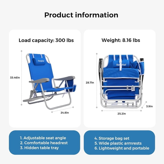 Portable Beach Chair with Side Table, Lightweight Aluminum Folding Camping Chair for Adults, 3-Position Reclining Low Back Support 300lbs, Blue