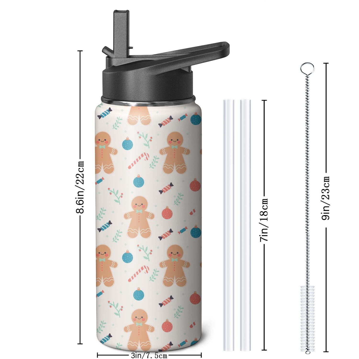 Christmas 18 oz Insulated Stainless Steel Water Bottle with Straw & Cleaning Brush , Leakproof, BPA-Free, 304 Stainless Steel, Wide Mouth, Travel Mug for Car, Gym, Office