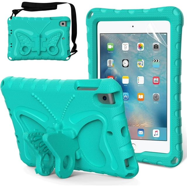 KOMI Kids Case for iPad Mini 1st/2nd/3rd/4th/5th Generation 7.9-inch - Screen Protector Included - Butterfly Kickstand - Child Friendly EVA Foam Shockproof Cover Case with Shoulder Strap Mint Green