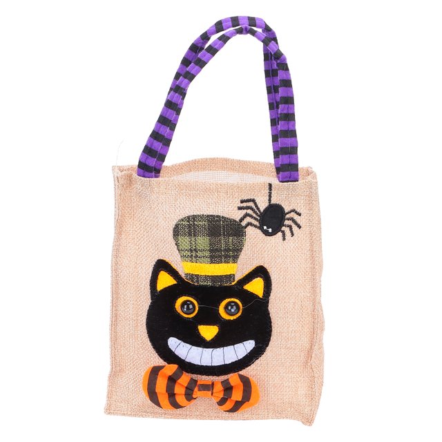 Bolsa de mano de Halloween de tela de yute con asa, 4 patrones, bolsas de Acción de Gracias para almacenamiento de trucos, gato negro