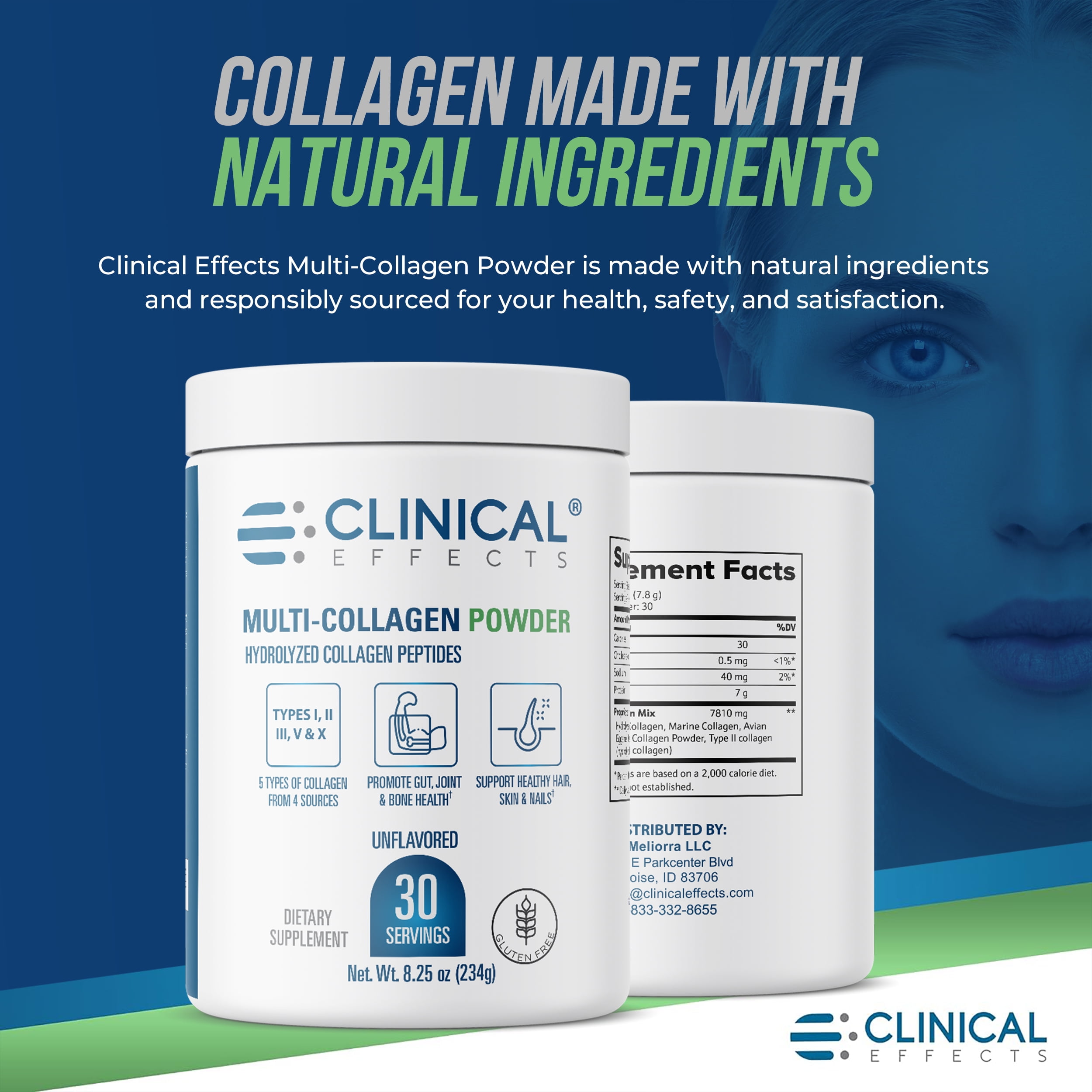 Clinical Effects Multi-Collagen Powder - Collagen Dietary Supplement - 8oz - 30 Servings - 5 Types of Quality-Sourced Multi-Collagen to Support Joint, Bone, Skin and Nail Health - Fast Absorption