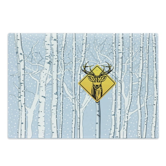 Hunting Cutting Board, Attention Deer in the Woods with Warning Sign Leafless Trees Winter Illustration, Decorative Tempered Glass Cutting and Serving Board, Large Size, Multicolor, by Ambesonne