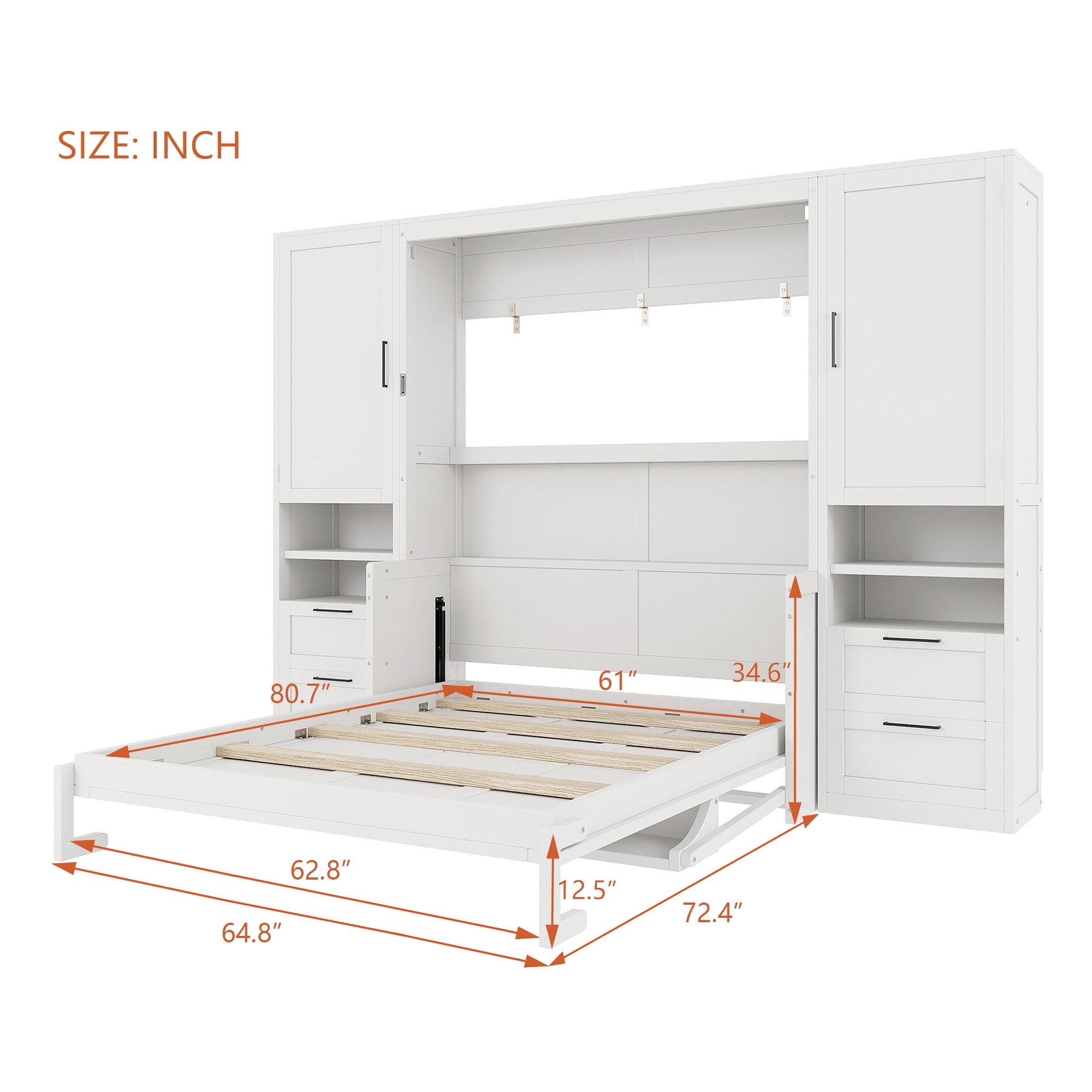 Queen Size Murphy Bed with 2 Closet, 4 Drawers and Open Shelves for Small Space, Guest Room