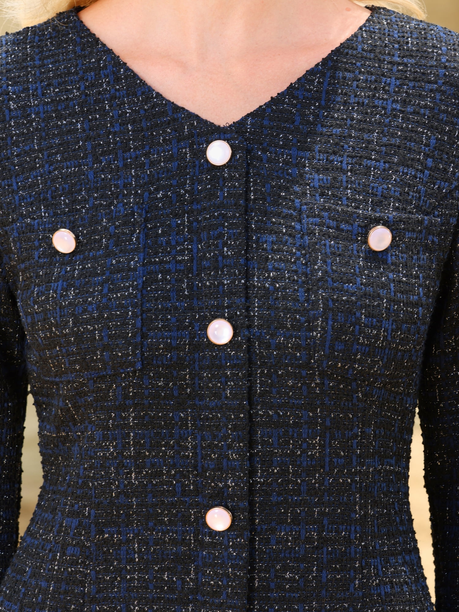 DARING DIVA Women's Tweed Long Sleeve Wedding Cocktail Bodycon Dress L Blue Black