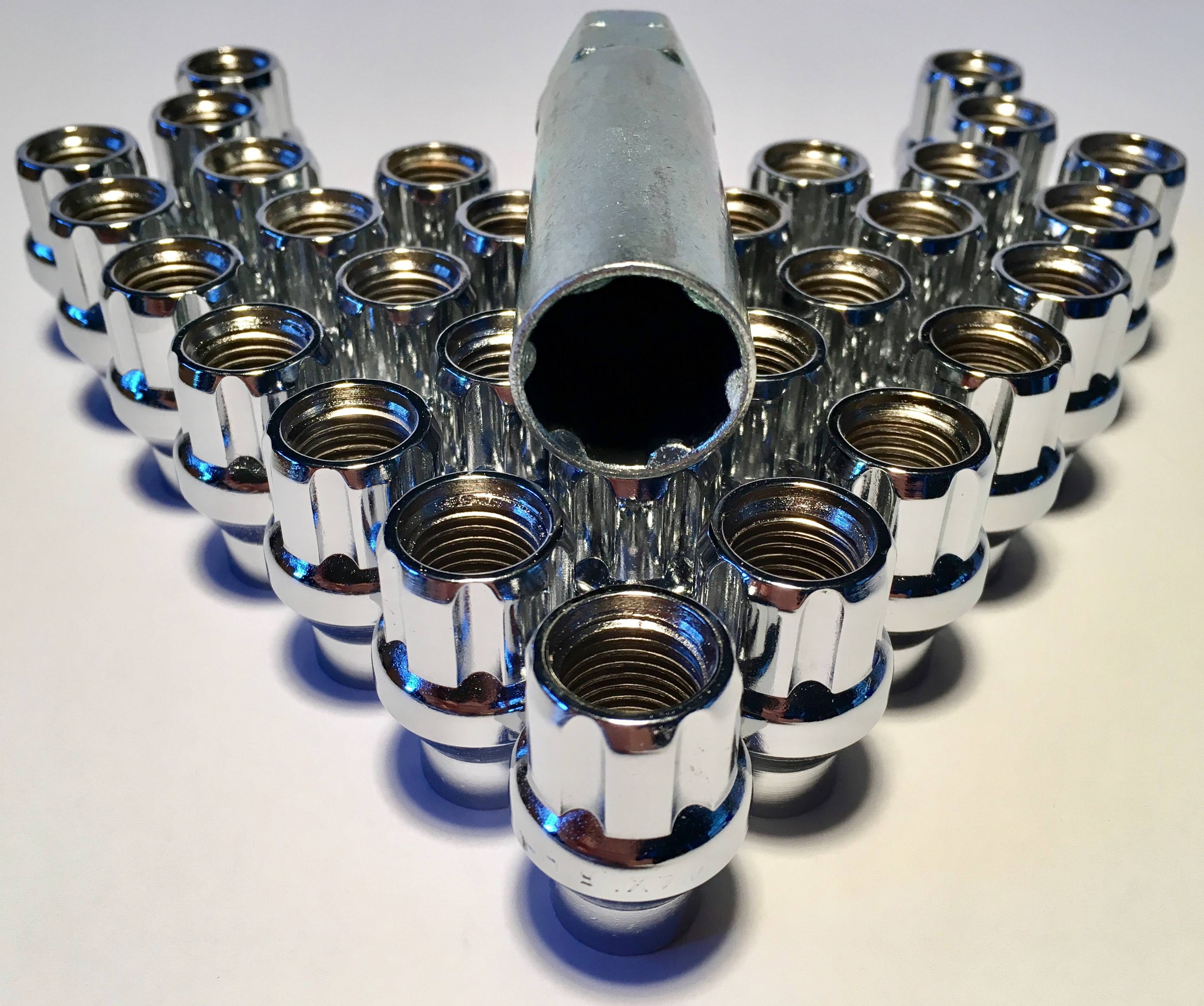 32 Open End 14x1.5 Chrome 6 Spline ET Truck Lug Nut Large Diameter Bulge With Key