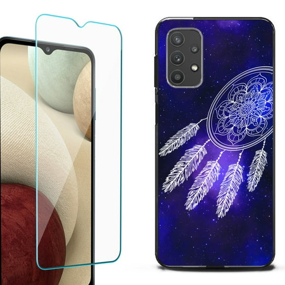 Slim-Fit Flexible TPU Gel Phone Case (black) for Samsung Galaxy A32 5G, with Tempered Glass Screen Protector, by OneToughShield ® - Dream Catcher
