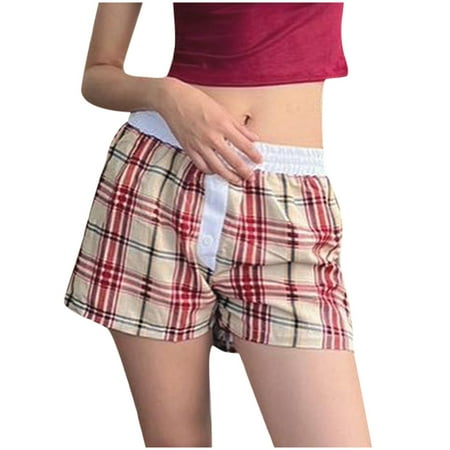 PMVFHDE Casual Shorts For Women Shorts Cute Soft Plaid Print Button Front Pajama Bottoms Shorts Sleepwear Beige M