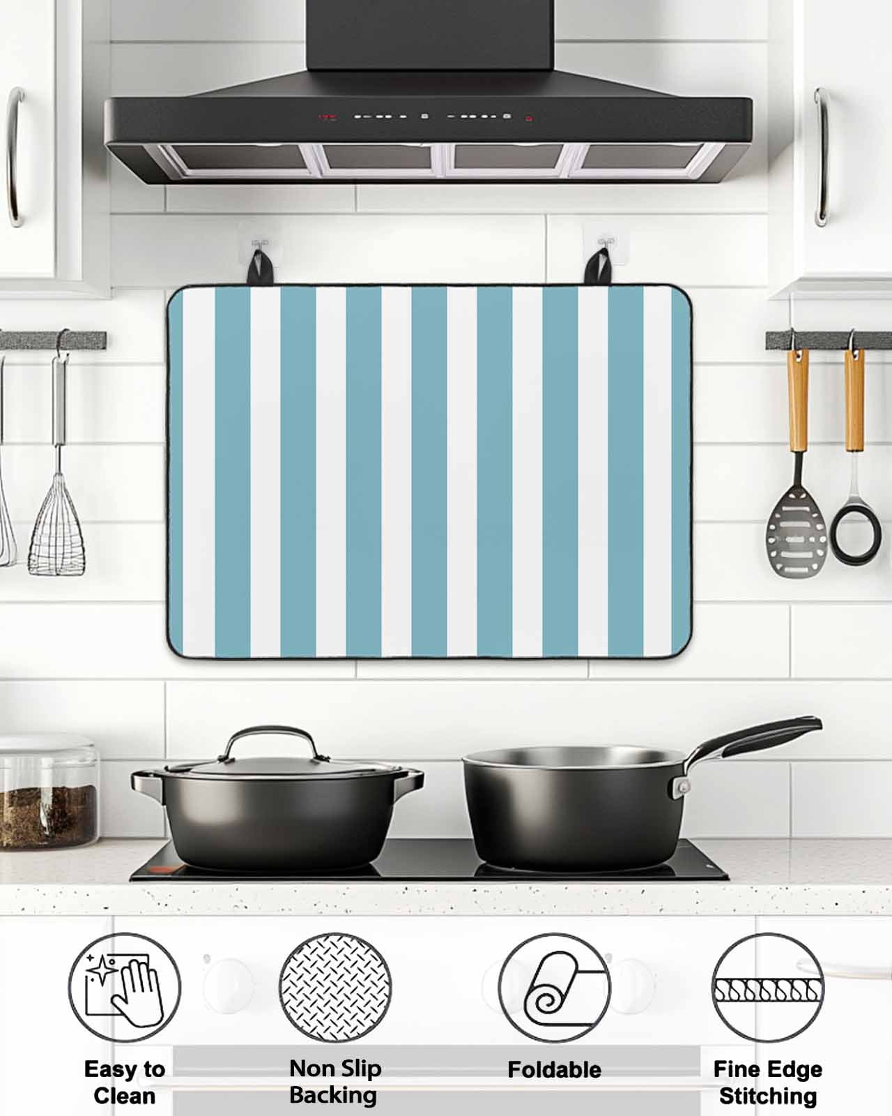 Stove Top Covers for Electric Stove, Aqua Striped Glass Stovetop Cover Protector, Modern Farmhouse Blue White Stripes Induction Cooktop Protector Oven Mat for Kitchen Countertop 28.5"x20.5"