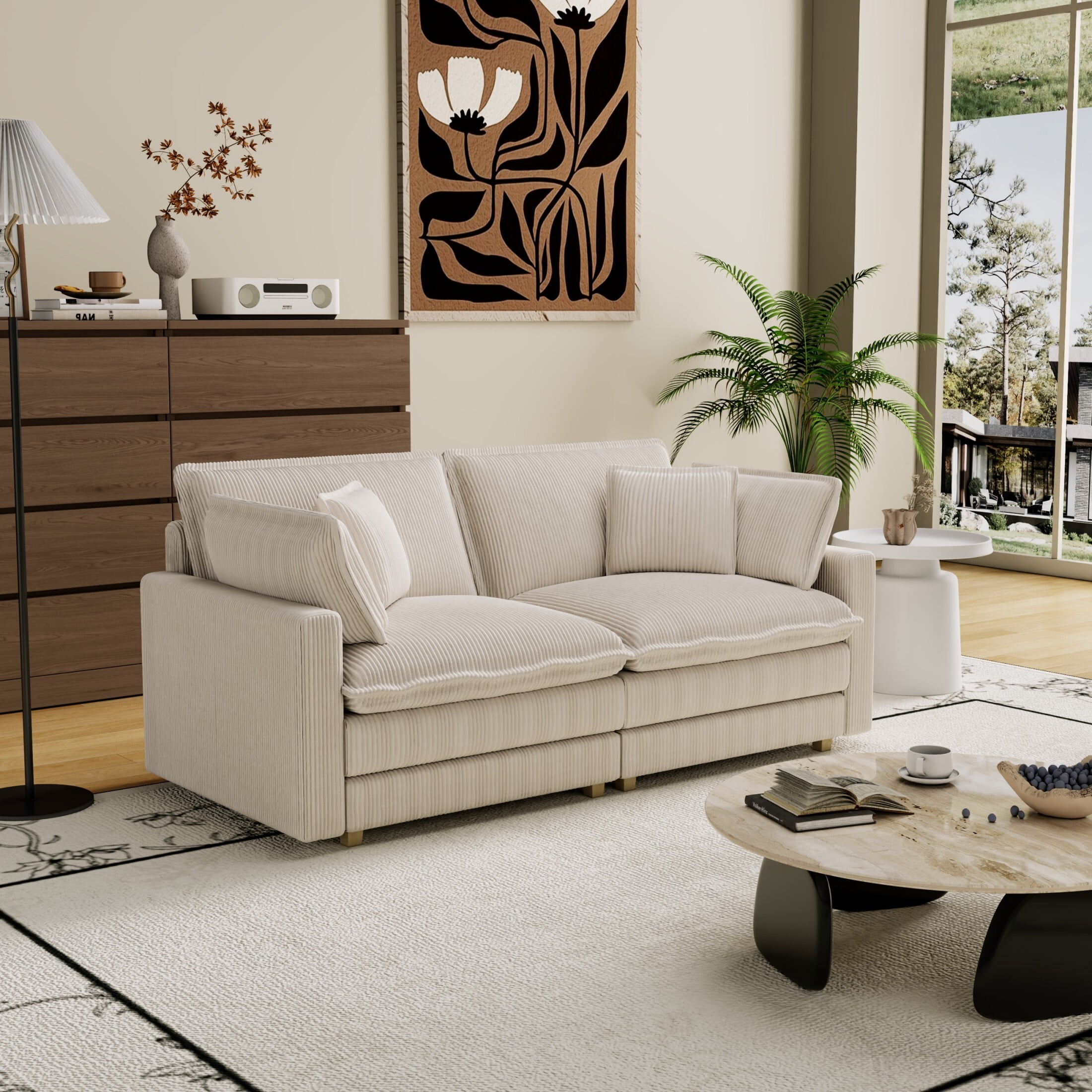 AENKYO 70.86'' Oversized Deep Seat Loveseat Sofa, Corduroy 2-Seater Couch with 4 Pillows, Cream