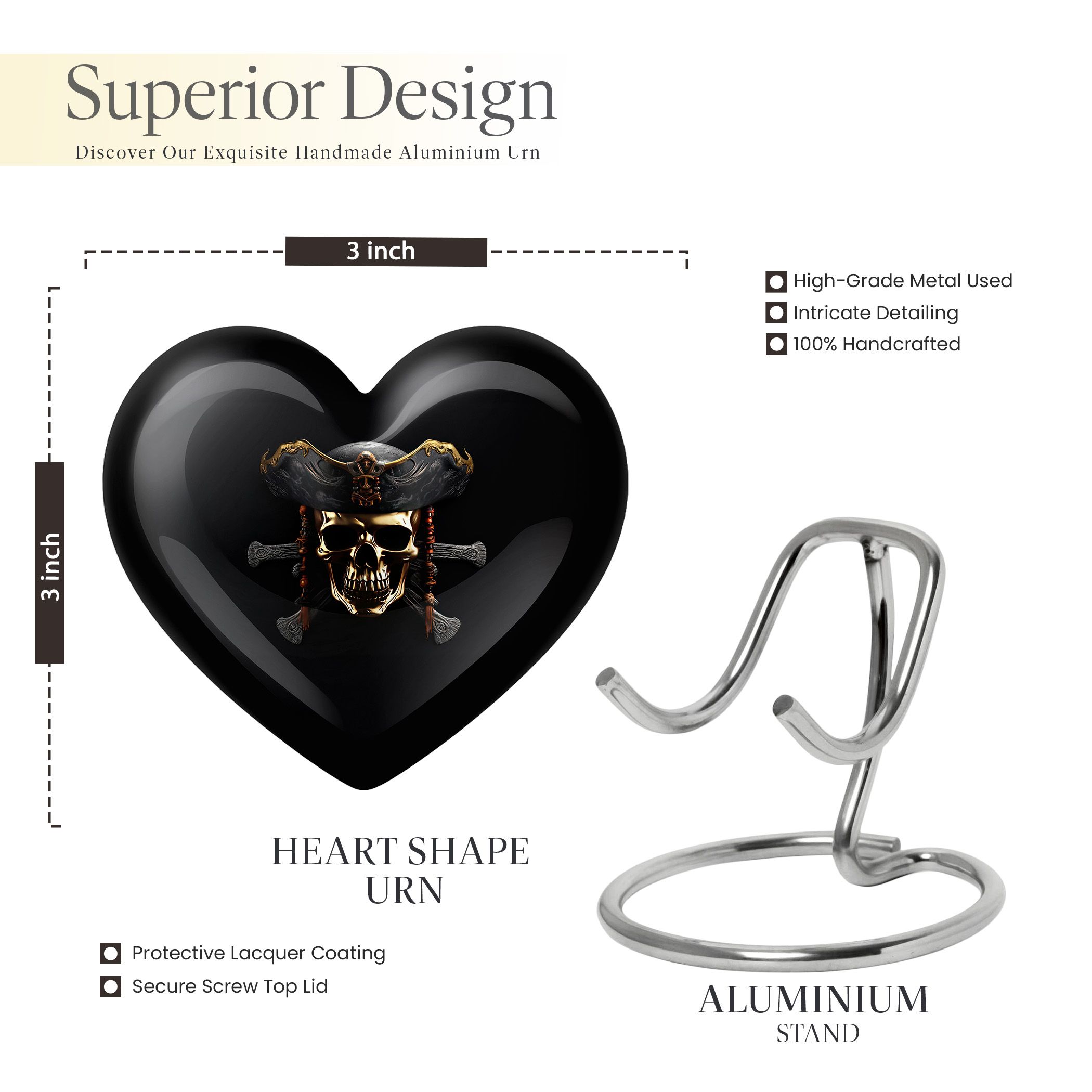 Minimalistic 3d Render Pirate Skull Small Urn, Keepsake Urns For Human Ashes, Funeral Urns For Adult Ashes Men, Heart Shaped Urn For Ashes For Women, Mini Urn For Ashes Adult Male 3" ,1pc
