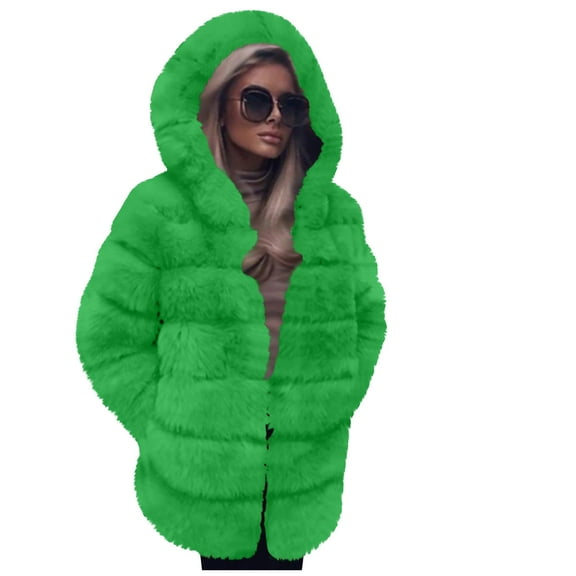 Lovskoo 2024 Women's 2023 Winter Faux Fur Jackets Open Front Hooded Cardigan Thick Warm Long Sleeve Coat Outerwear Olive Green