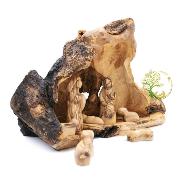 Nativity Scene Set Carved Inside On An Olive Tree Branch - Holy Land Nativity - Wooden Manger Scene Nativity For Christmas Decoration
