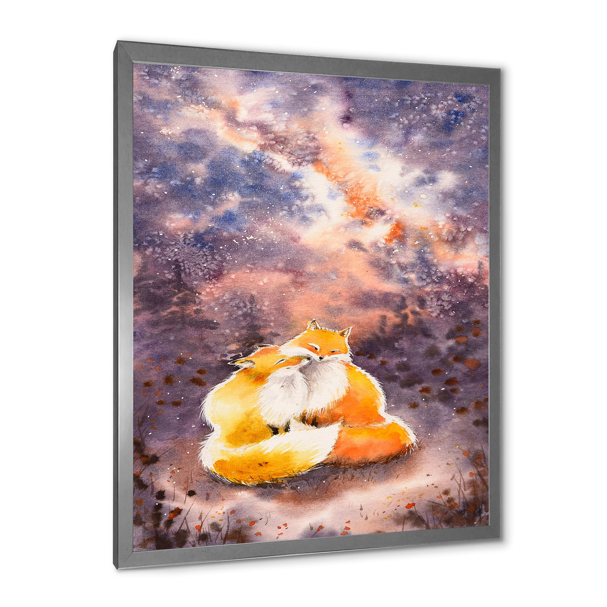 Designart 'Foxes Over A Night Sky Hugging ' Children's Art Framed Art Print
