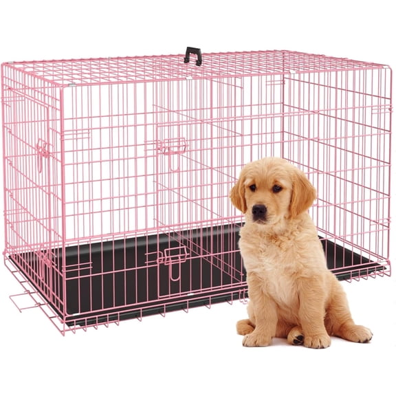 | Dog Crate | 24" | Pink | Foldable Metal Kennel with Double Doors