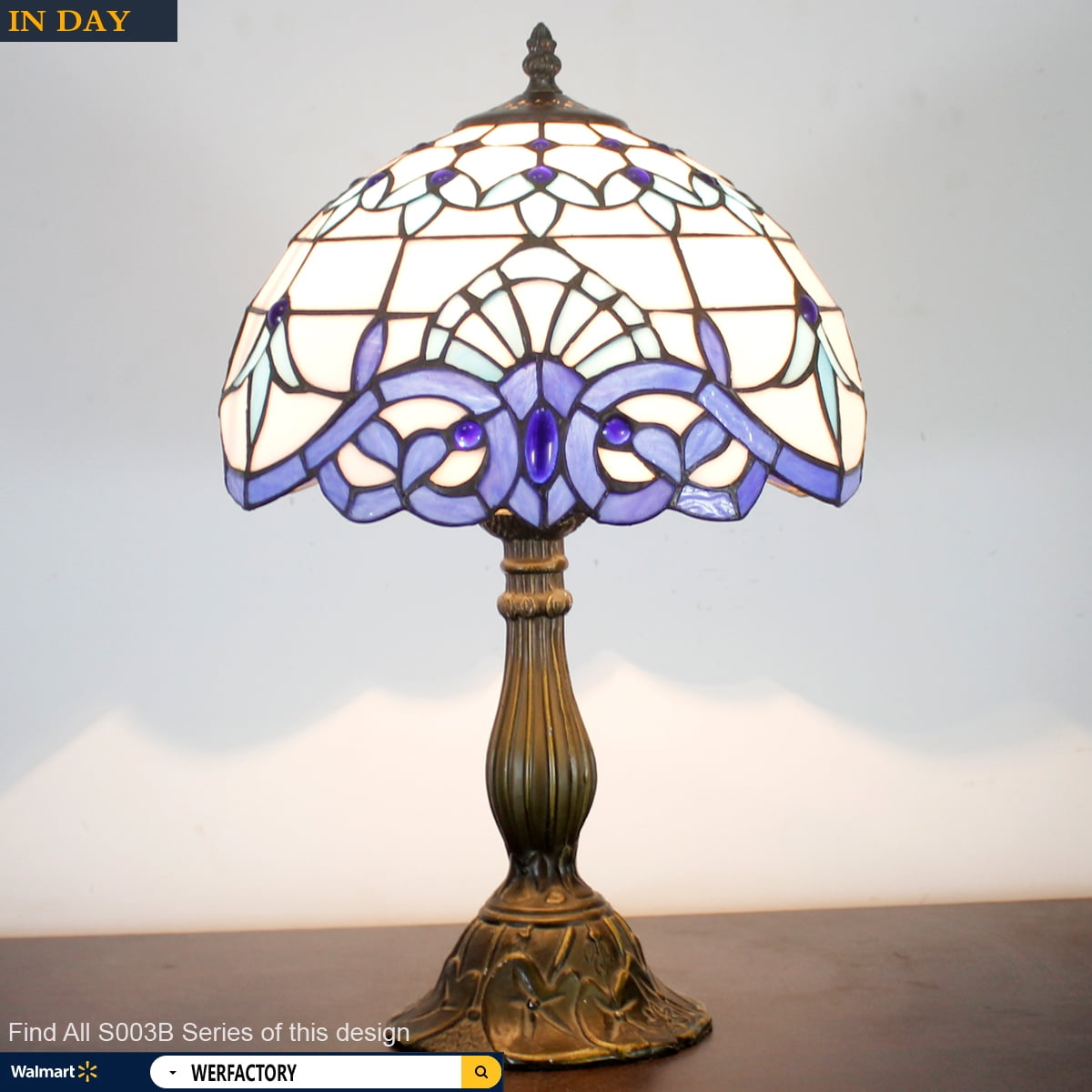 Tiffany Table Lamp Bedside Navy Blue Baroque Stained Glass Style Desk Reading Light 18" Inch Tall Living Bedroom Vintage Memory Sympathy Library Banker Boho Victorian Type