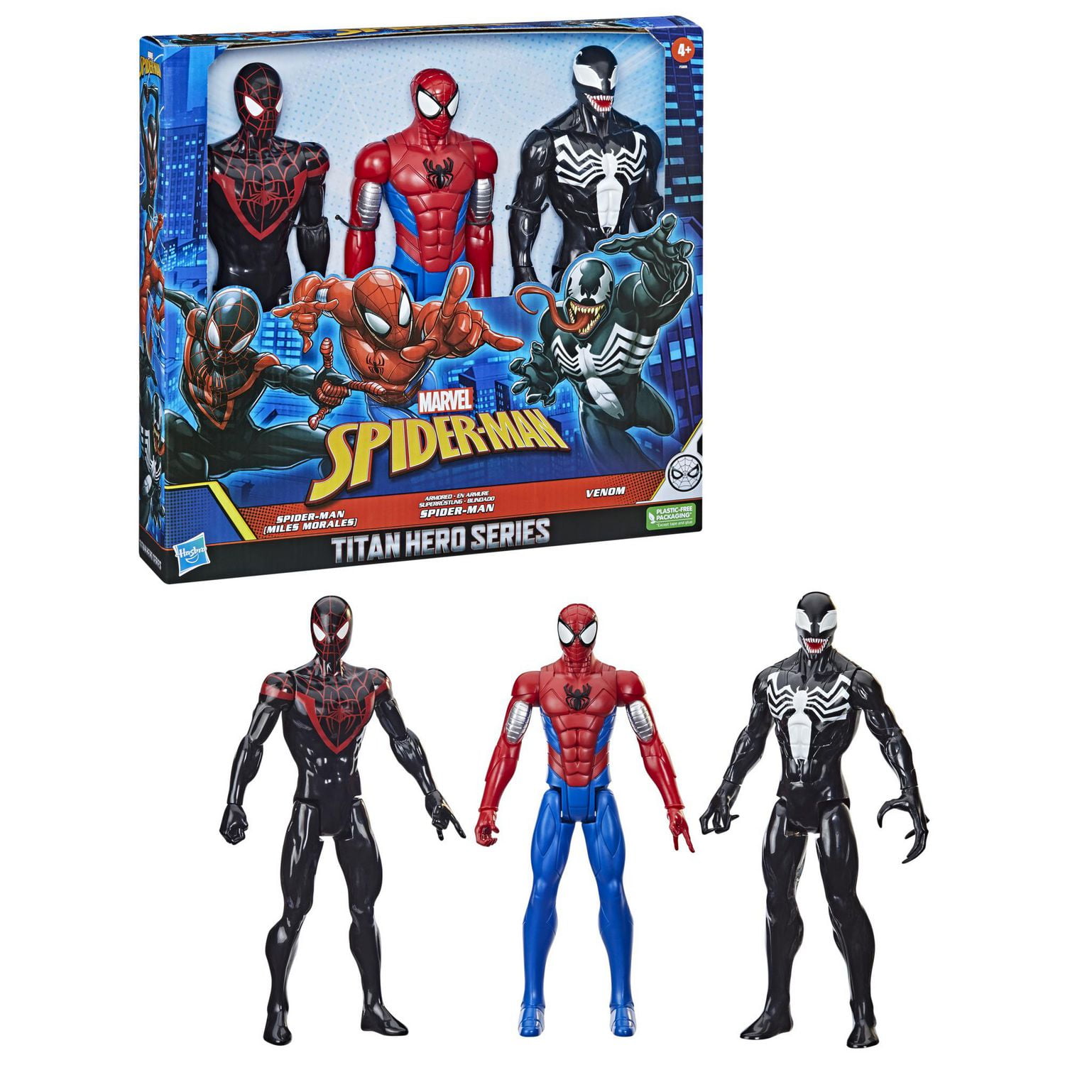 Marvel Spider-Man Titan Hero Series, pack de 3 figurines de 30 cm avec Spider-Man (Miles Morales), Spider-Man en armure et Venom, dès 4 ans