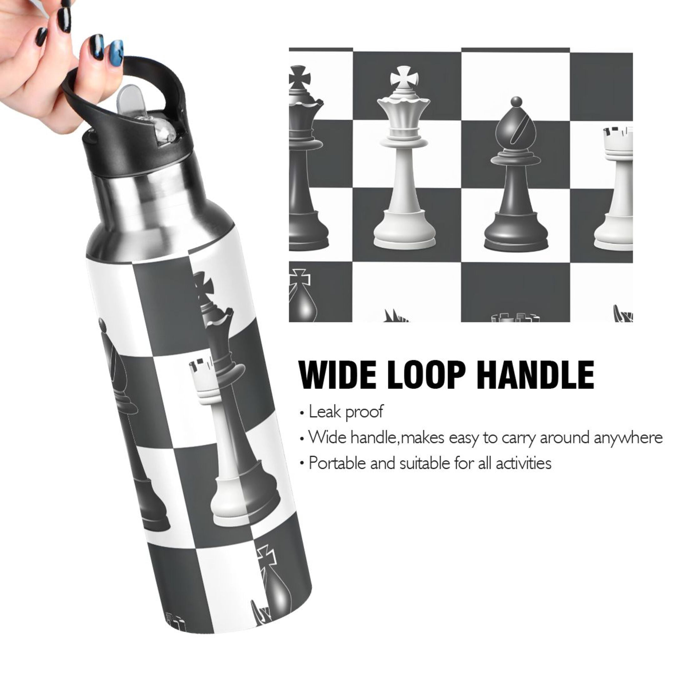 OREZI Stainless Steel Water Bottle Chess Pieces and Board 34oz/1000ml Double Wall Vacuum Insulation Leakproof for Sports Travel
