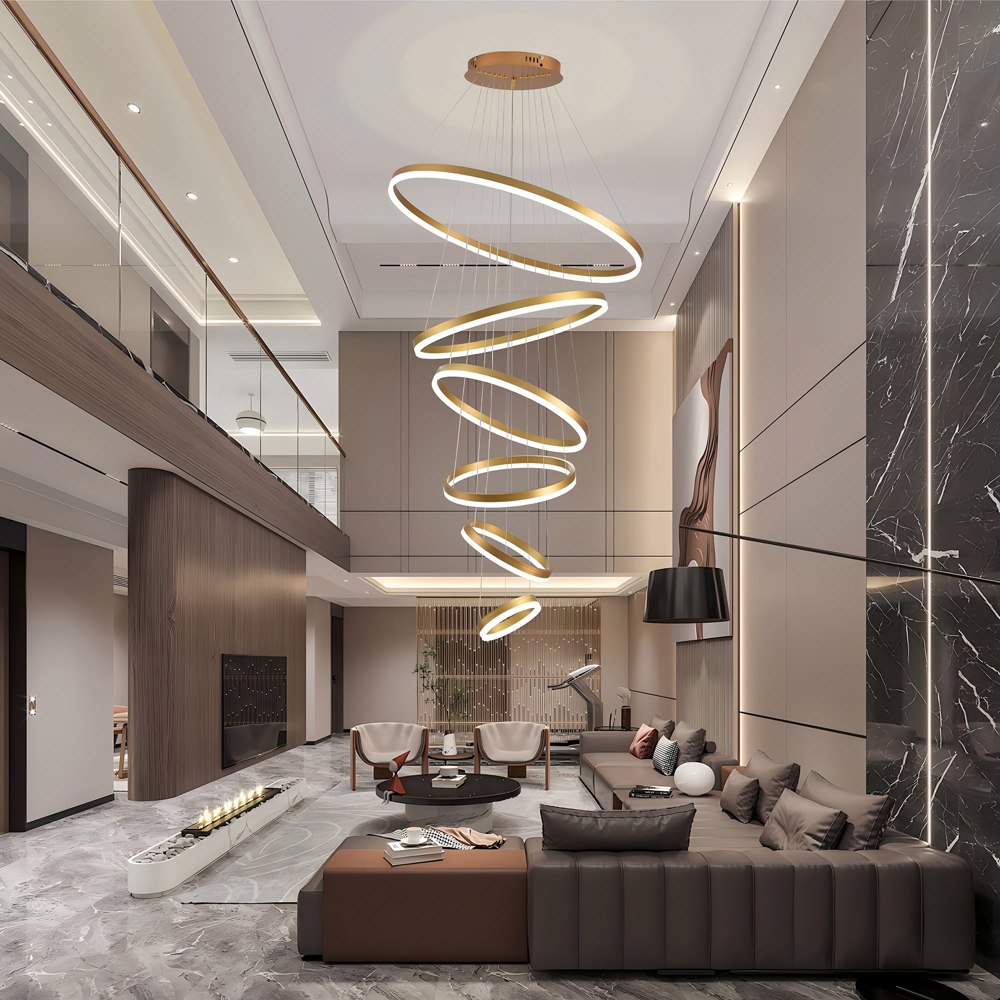 Modern 6-Ring LED Chandelier for High Ceilings, Adjustable Gold Pendant Light with Remote, Dimmable Flush Mount Fixture for Foyer, Entryway, Living Room Dining Room