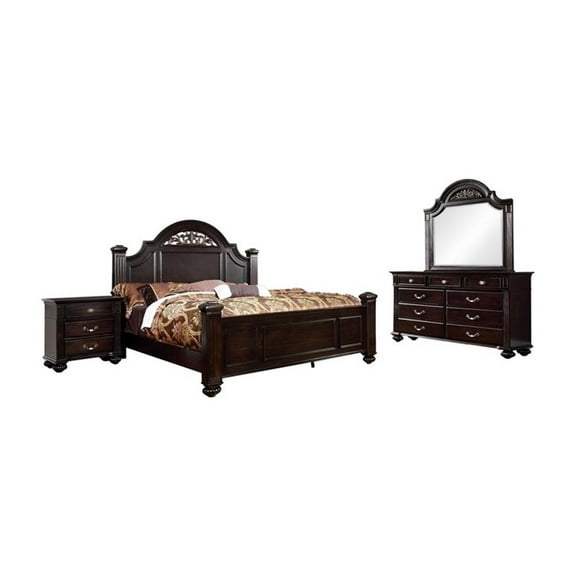 FOA Damos 4pc Dark Walnut Wood Bedroom Set - Cal King Nightstand Dresser Mirror