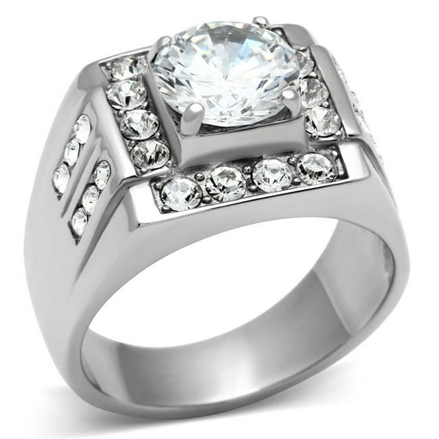 Men High Polished Stainless Steel Ring with AAA Grade CZ in Clear - Size 11