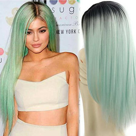 Long Straight Ombre Heat Resistant Synthetic Wig - Mint Green w/ Black Roots 26