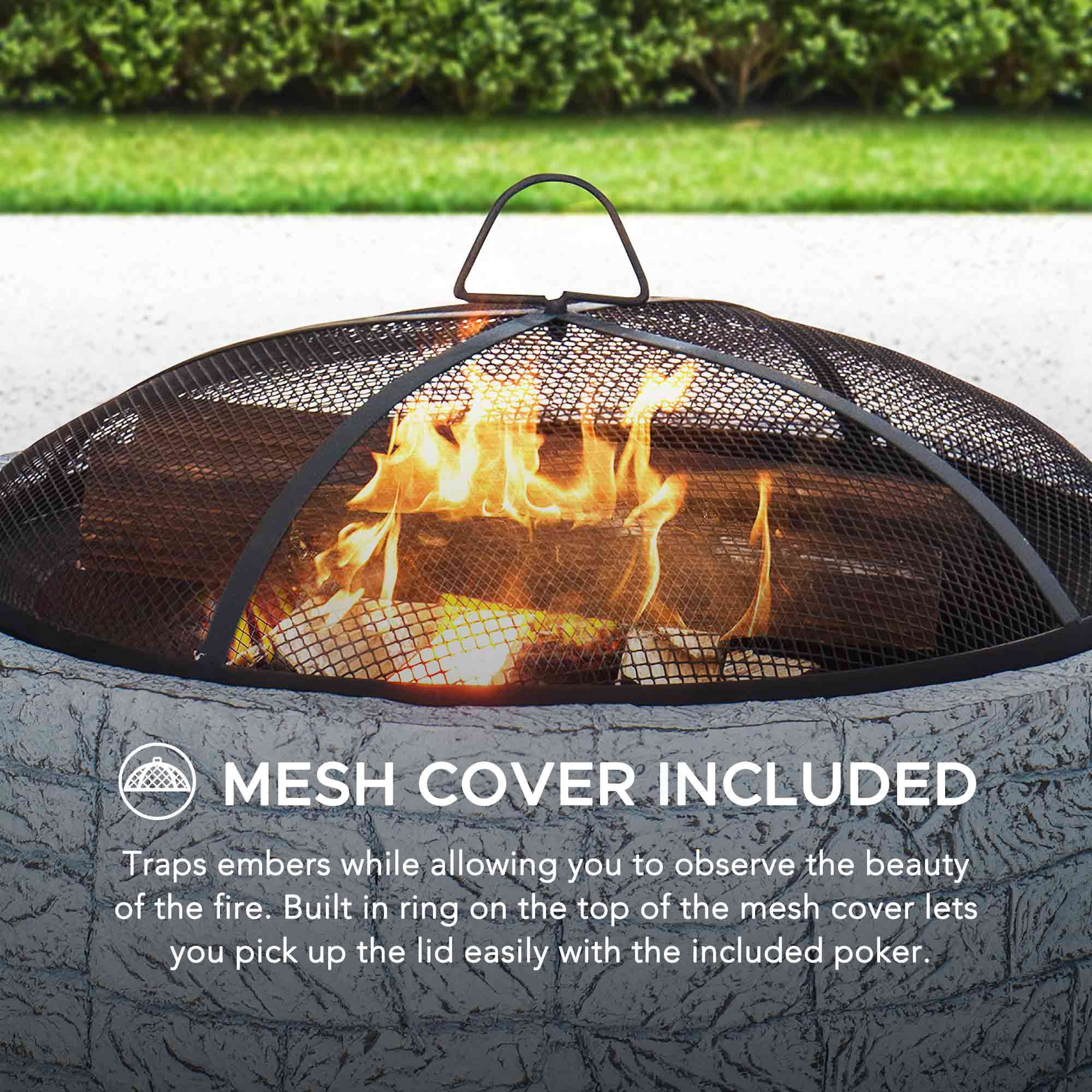 SUNJOY 26 Inch Stone Fire Pit, Patio Outdoor Round Wood Burning Fire Pits for Outside with Spark Screen and Poker, Misty Blue Stone