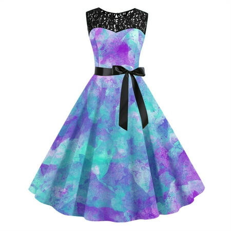 

Clearance Dress!MIARHB Ladies Lace Stitching Round Neck Sleeveless Printed Waist Swing (With Belt) Purple XXL