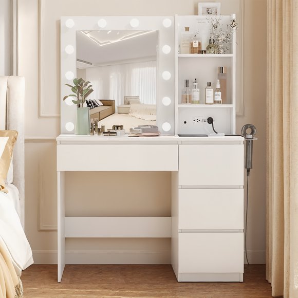 Vabches Makeup Vanity with Lights, Bedroom Vanity Table with Power Strip, Modern Dressing Table, 4 Drawers, White