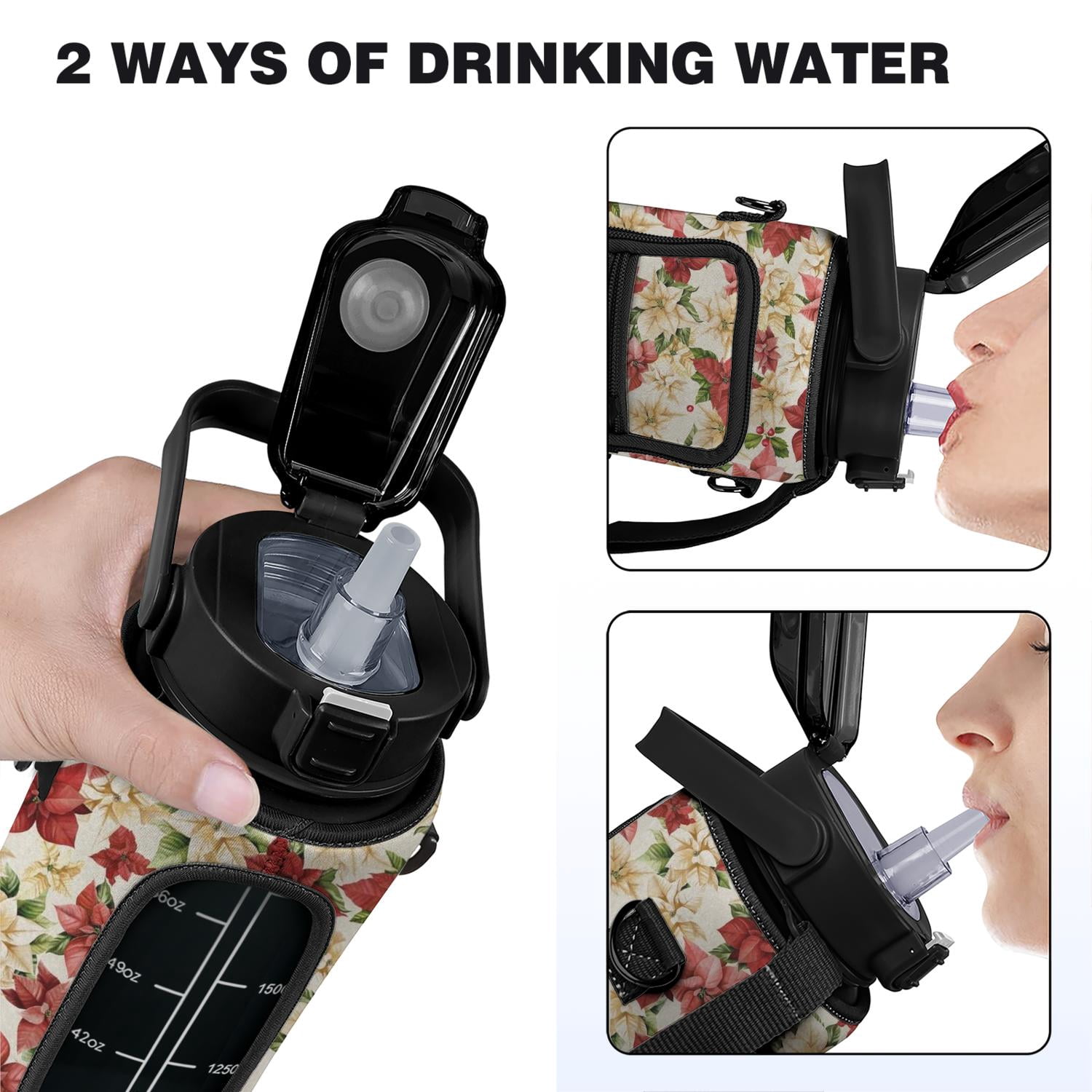 Christmas Leafs 64 Oz Water Bottle with Measurements - BPA Free Leakproof Sport Large Plastic Water Bottle with Straw & Time Marker & Insulated Neoprene Holder Carrier Bag Great Gift for Women Men