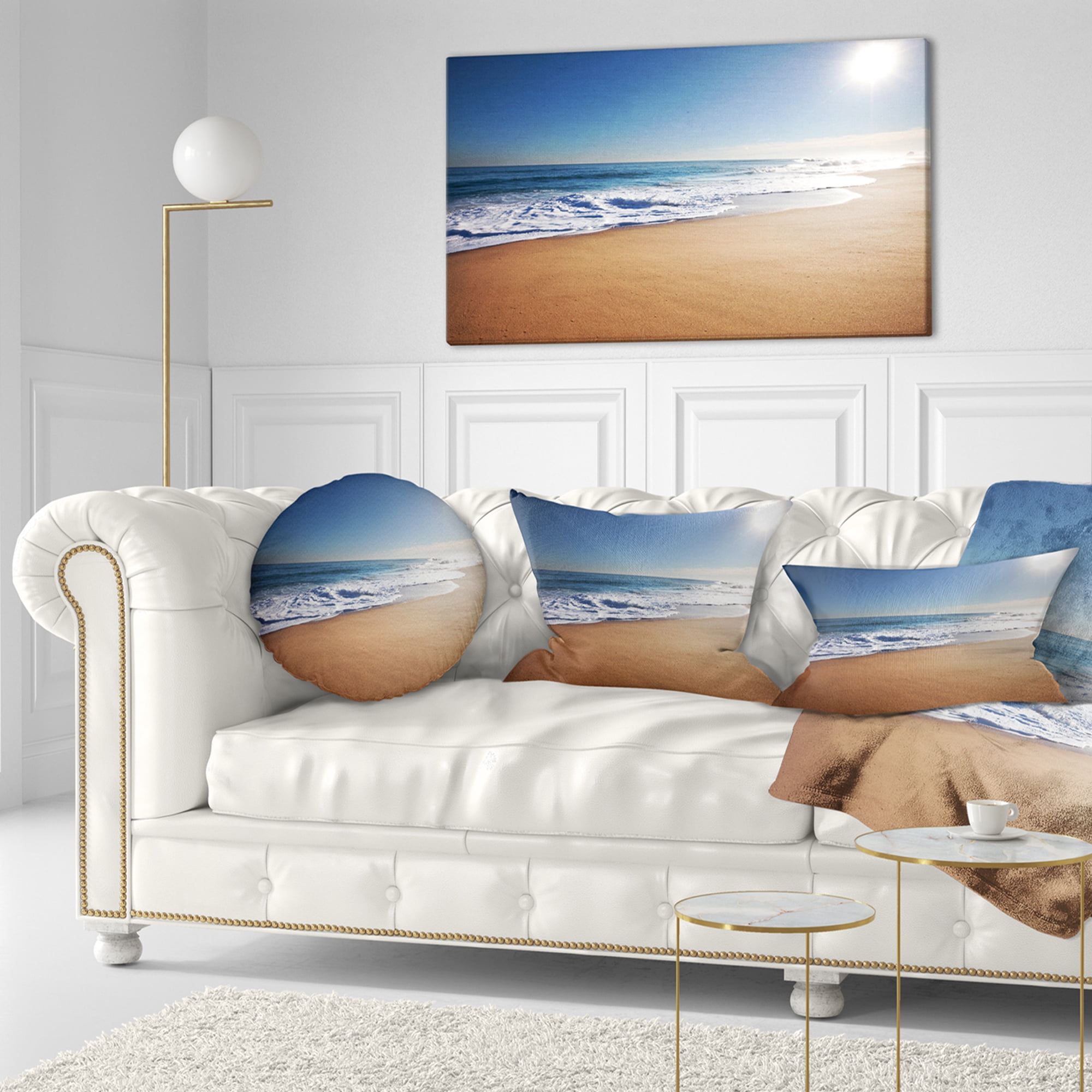 Designart Calm Blue Seashore with White Sun - Seashore Throw Pillow - 12x20