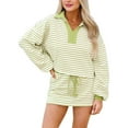 thumbnail image 2 of Womens Striped 2 Piece Outfits Casual Sweatshirt Skirt Set Long Sleeve Matching Lounge Sets Yellow-Green M, 2 of 9
