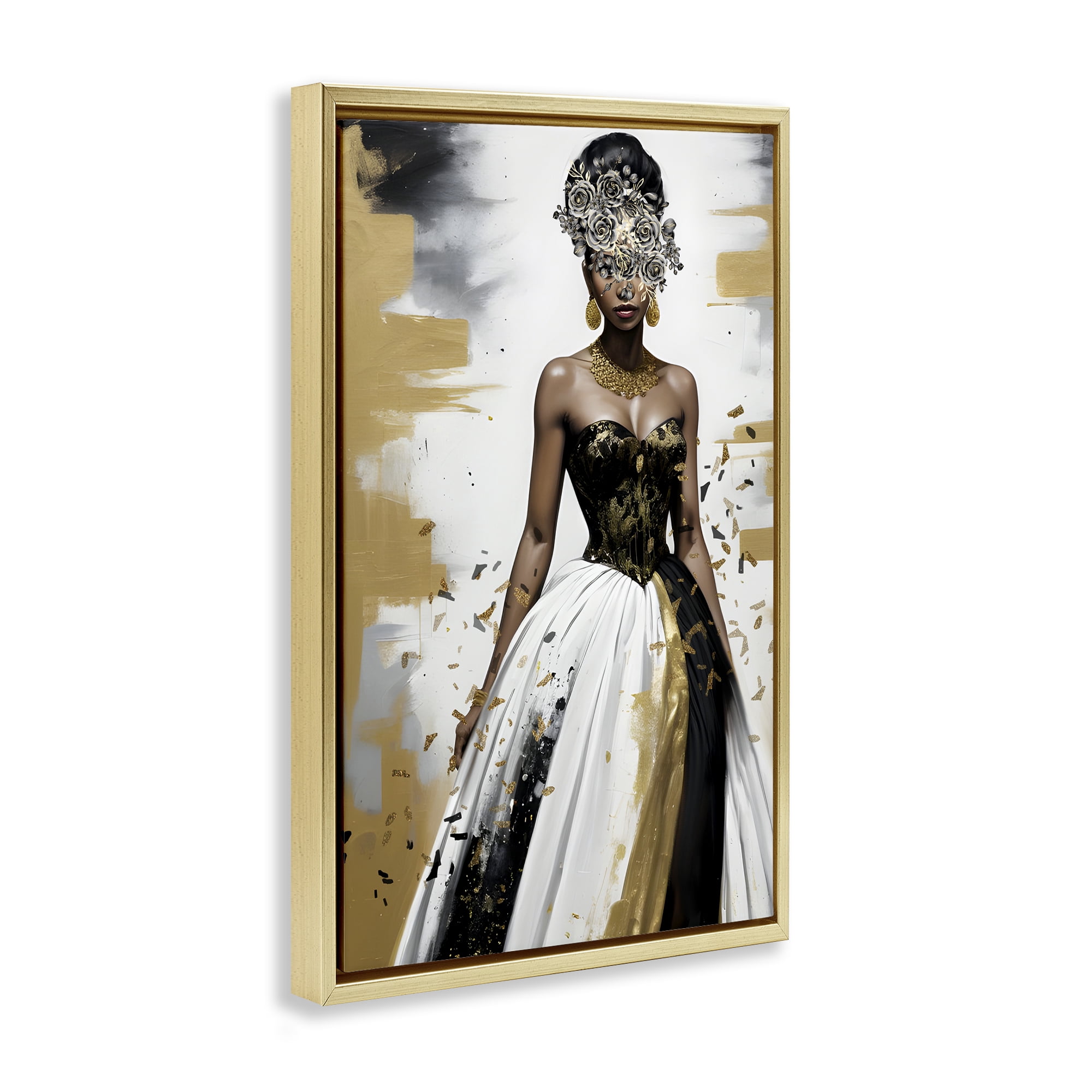 Stupell Industries Elegant Woman Beautiful Gown People Painting Gold Floater Framed Canvas Art Print Wall Art, 17 x 25