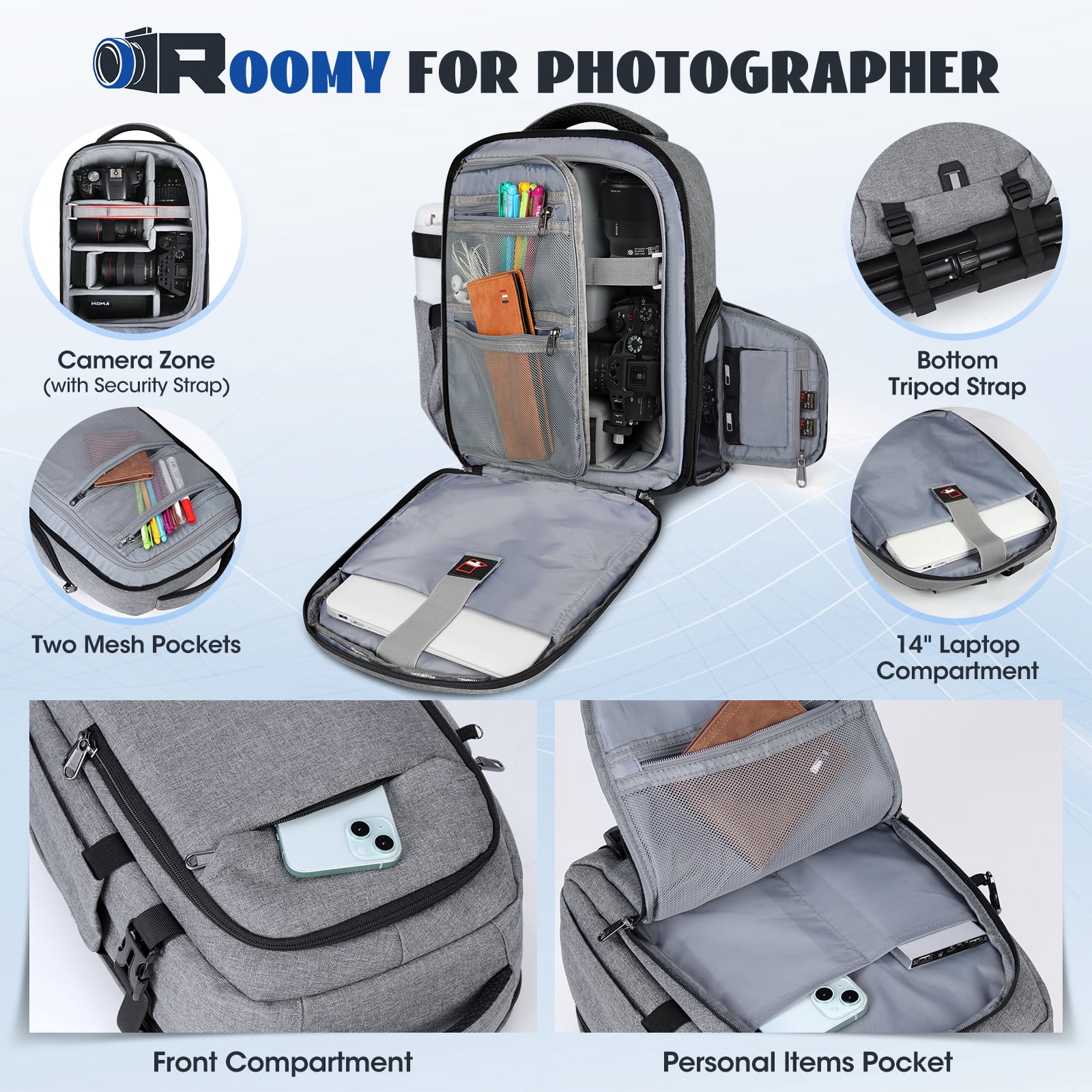 RAINSMORE Camera Backpack Camera Bag for Photographers DSLR SLR Mirrorless Camera Cases with Waterproof Rain Cover & Laptop Compartment Fits 14 Inch Laptop,Anti Theft Travel photography backpack,Gray