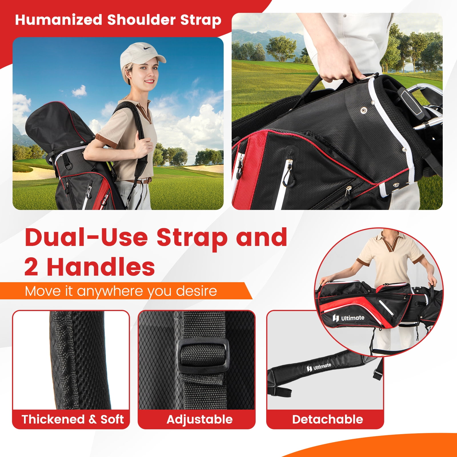Topbuy 14-Way Golf Cart Bag Golf Club Bag with 14 Ways Organizer Divider Top 9 Zippered Pockets Cooler Bag Umbrella Holder Red