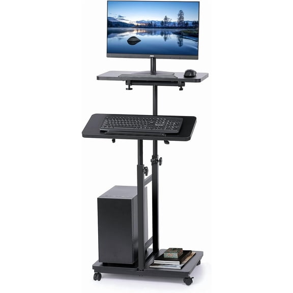 Black Height Adjustable Mobile Standing Computer Cart With Tower Stand, Portable Rolling Laptop Desk Workstation, Sit To Stand Presentation Desk On Lockable Wheels For Home Office