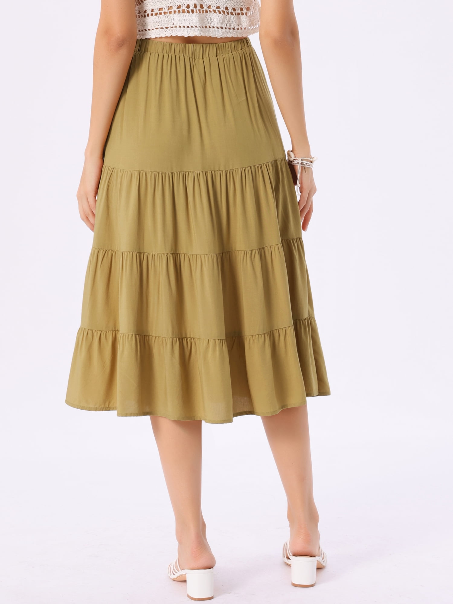 DARING DIVA Women's Flare Tiered Pleated Solid Elastic Waist A-Line Skirt M Khaki