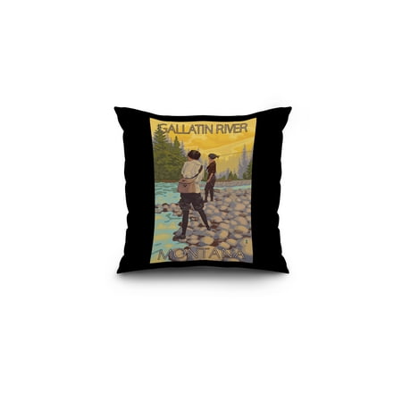 Women Fly Fishing - Gallatin River, Montana - LP Original Poster (16x16 Spun Polyester Pillow, Black