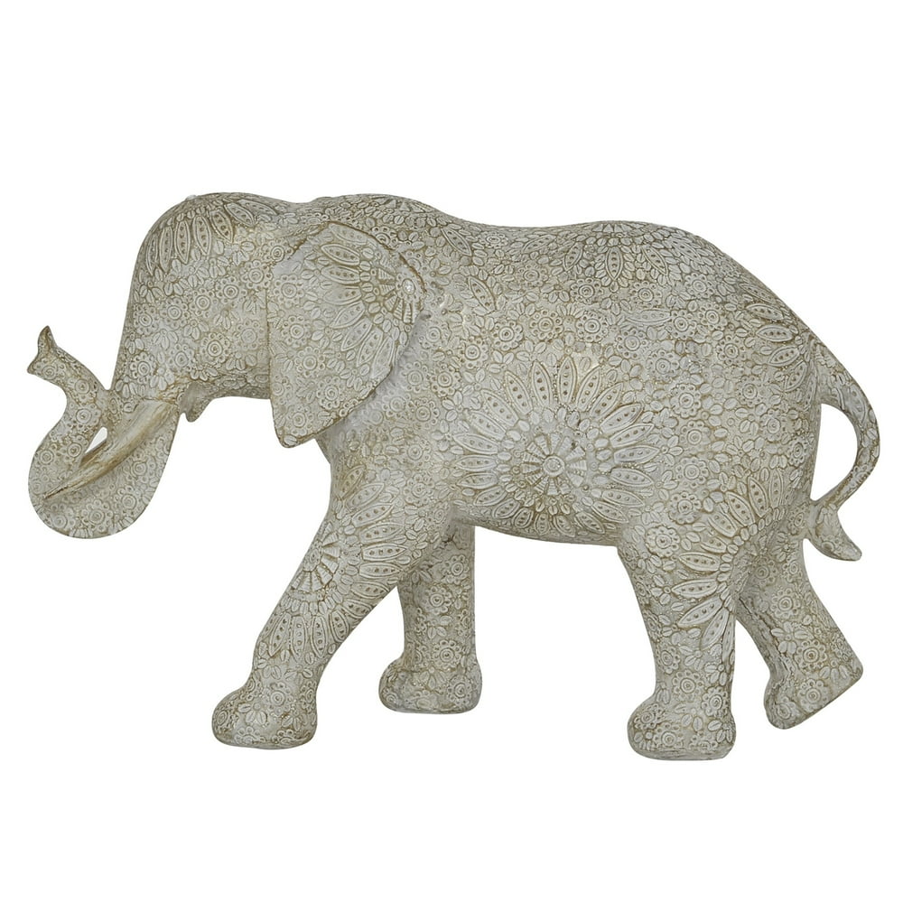 Polyresin Elephant Figurine with Raised Trunk and Textured Body, White