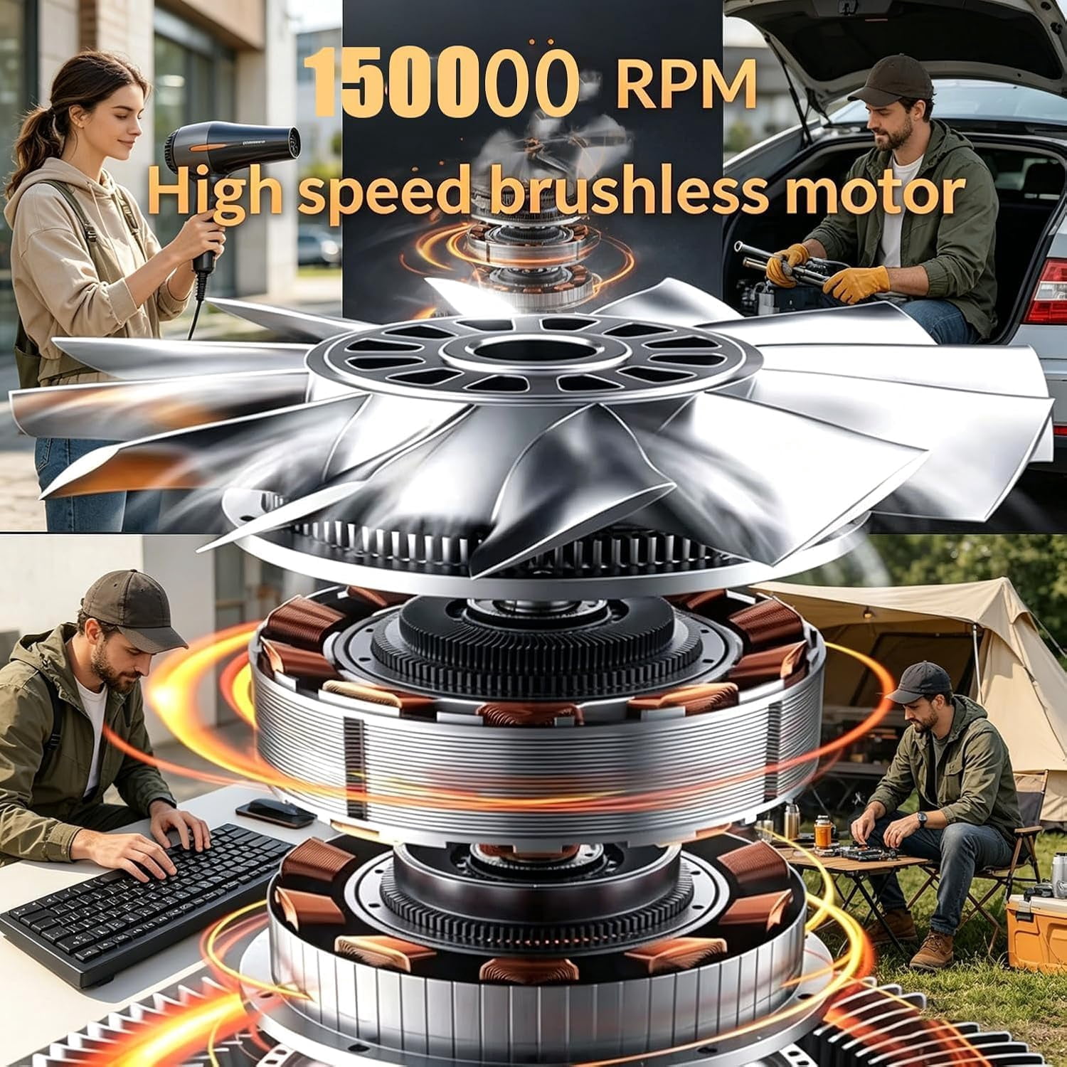 Ultra-Powerful 150,000 Rpm Portable Turbo Fan, Cordless Compressed Air Duster, 5-Gear Adjustable Mini Blower for Computer Cleaning, Keyboard Dusting, Car Detailing, Fast Charging (1)