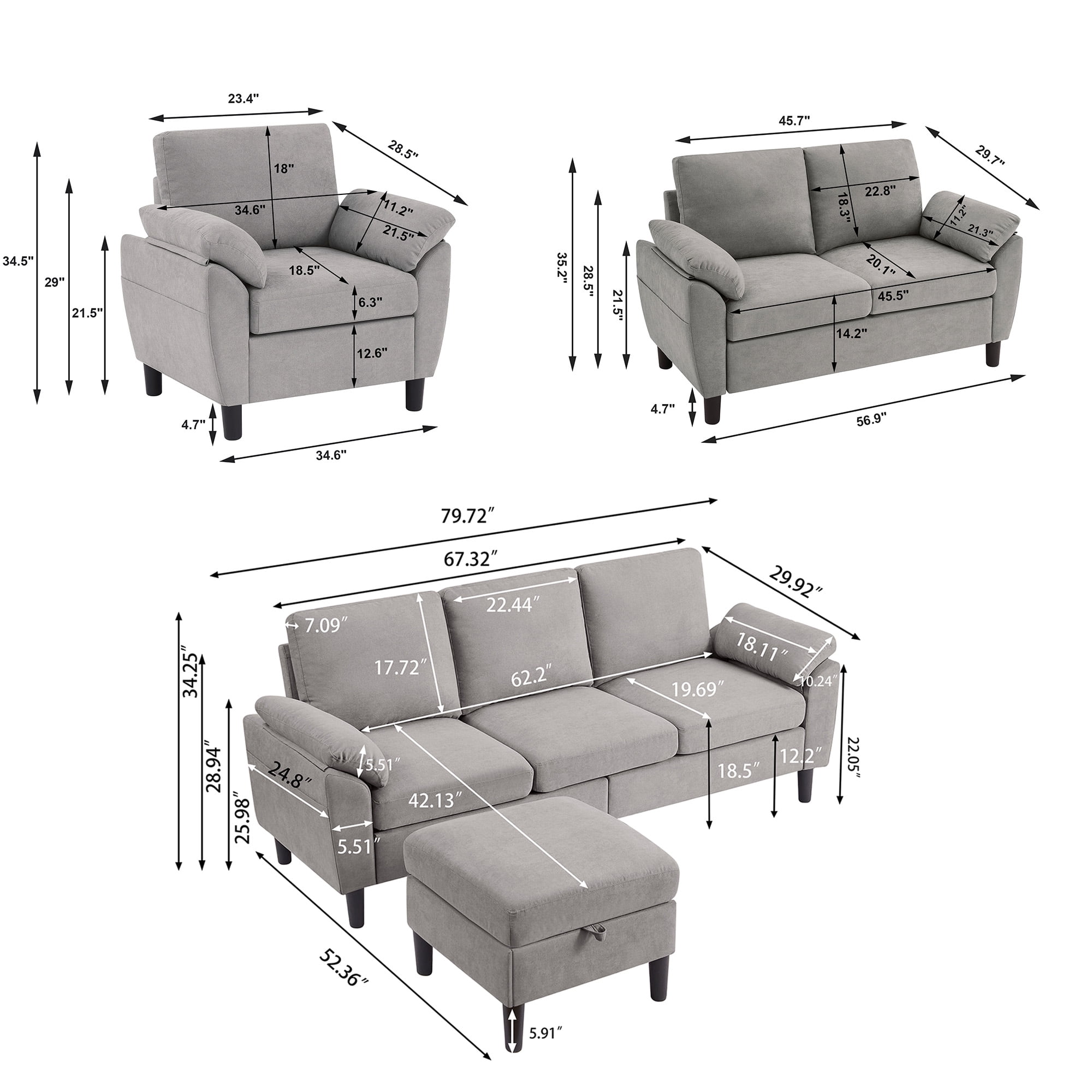 Jarenie Chireca 4 Piece Convertible Sectional Sofa Set, Modern Linen Small L Shaped Couch with Reversible Chaise, 3-Seater Sofa & Loveseat & Armchair for Living Room, Office, Apartment, Lightgrey