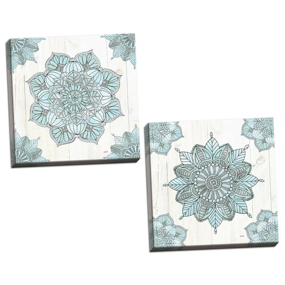 Gango Home Decor Contemporary Mandala Morning V & VI Blue and Gray by Anne Tavoletti (Ready to Hang); Two 12x12in Hand-Stretched Canvases